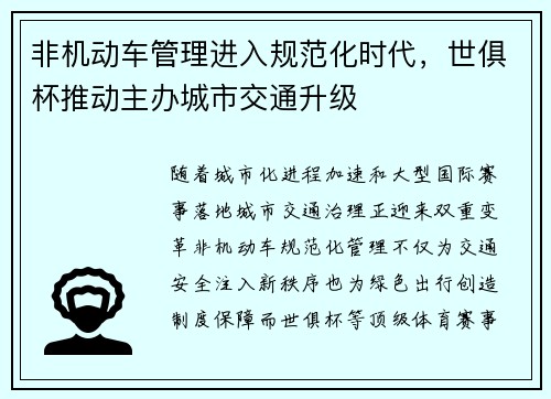 非机动车管理进入规范化时代，世俱杯推动主办城市交通升级