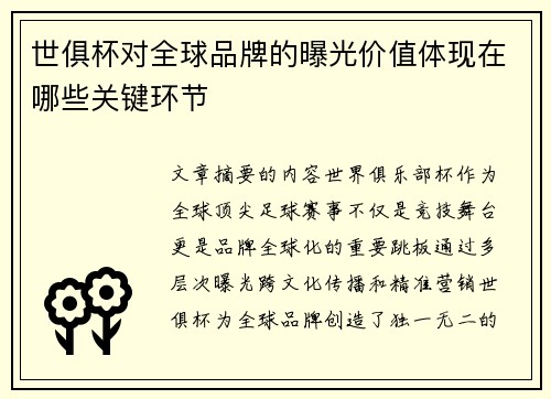 世俱杯对全球品牌的曝光价值体现在哪些关键环节