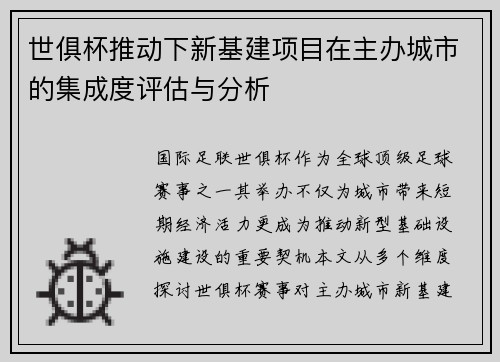 世俱杯推动下新基建项目在主办城市的集成度评估与分析